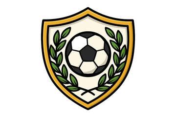 Soccer football shield emblem vector, laurel wreath competition winner badge, cartoon style illustration, sports team logo design, sportsmanship victory symbol, transparent background