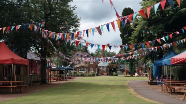Outdoors scene with tents and colorful flags above green grass