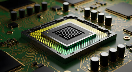 Advanced Microchip Technology High-Tech Processor on Circuit Board Close-Up