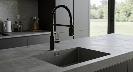 Modern kitchen counter with dark faucet over sink; natural light floods in from the window
