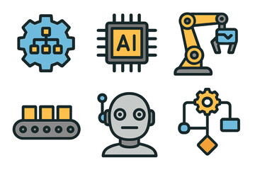 Technology icons representing automation, artificial intelligence, robotics, and smart industry machinery, modern vector cartoon illustration set on transparent background, industry 4.0 concept