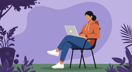 Person working on a laptop outdoors in a serene, natural setting. Ideal for remote work, digital nomad, and flexible lifestyle concepts.