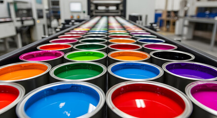 Colorful Array Paint Tins Displayed in a Printing Production Line, Industrial Aesthetic