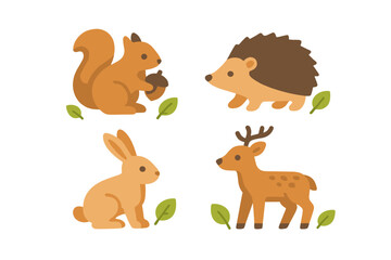 Woodland Animal Icons Isometric Flat Vector Set of Forest Creatures with Squirrel Holding Acorn, Hedgehog, Rabbit, and Deer Among Leaves Nature Wildlife Illustrations
