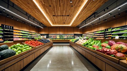 Wide angle interior of supermarket produce section with neatly arranged vegetables and fruits under bright lighting - Powered by Adobe