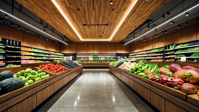 Wide angle interior of supermarket produce section with neatly arranged vegetables and fruits under bright lighting