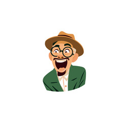 Cartoonish man in a hat and glasses laughing with a green jacket and a bowtie on a white background