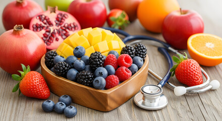 Healthy Eating Fresh Fruit Medley with Stethoscope - Wellness and Nutrition