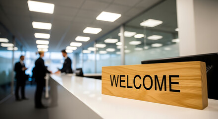 Warm Welcome Elegant Reception Area with Wood Sign and Blurred Business Professionals