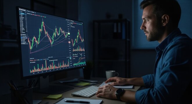 Focused man in dark room, viewing stock market charts on computer - Powered by Adobe