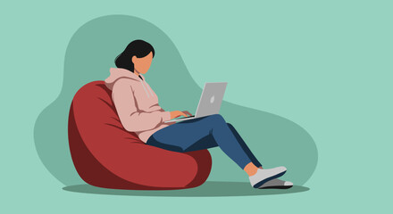Casual remote worker comfortably uses laptop on a bean bag chair, depicting flexible work, online learning, or digital lifestyle. Ideal for business, education, or freelance themes.