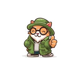 Cartoon cat with glasses and a green hat giving a thumbs up with a happy expression on a white background