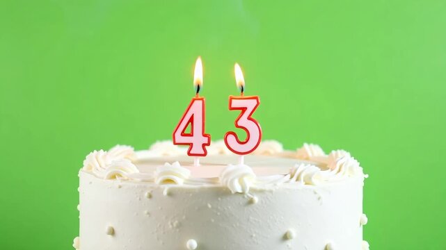 Celebration shines bright with a festive cake featuring lit number candles marking a special forty-third birthday milestone.
