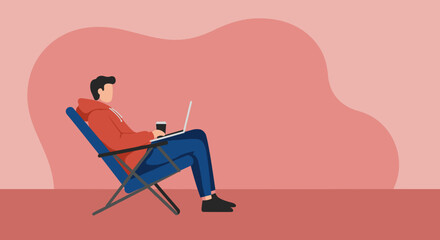 Relaxed man working remotely from a lounge chair with a laptop and coffee, embodying modern work-life balance and productivity.