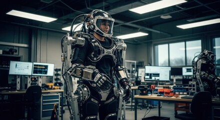 Futuristic exoskeleton in lab setting