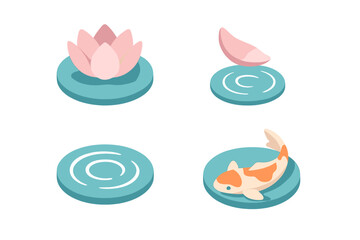 Obraz premium Isometric Zen Icon Set Vector Illustration. Lotus Blossom Bloom Petals Floating on Water, Falling Petal, Water Ripple, Koi Fish Cartoon Peaceful Tranquil Nature Pond Meditation Serenity Concepts