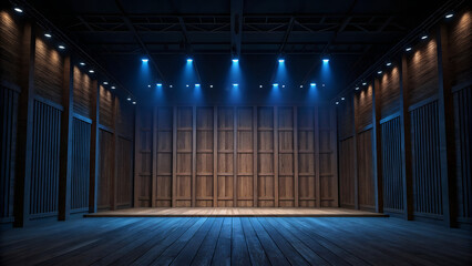 A wooden stage with blue spotlights shining down on it and wooden walls on either side of the stage