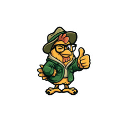 Cartoon chicken wearing a hat and jacket giving a thumbs up with a wink and glasses illustration