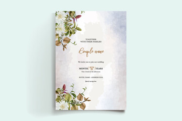 WEDDING INVITATION FRAME WITH FLOWER DECORATIONS AND FRESH LEAVES