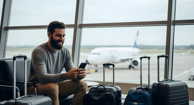 Contented Traveler at Airport Lounge Using Phone with Airplane View and Suitcases