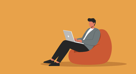 Man comfortably working on laptop in a relaxed setting. Ideal for remote work, online learning, or digital lifestyle concepts.
