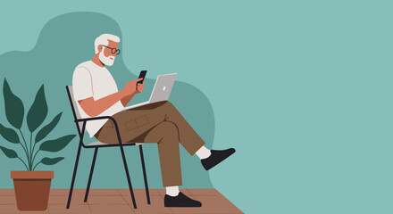 Senior man using laptop and smartphone, embodying modern digital connectivity and a relaxed lifestyle. Ideal for technology, business, or leisure concepts.