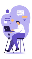 Person working on a laptop, surrounded by abstract digital communication and data elements. Ideal for concepts of online business, remote work, or learning.