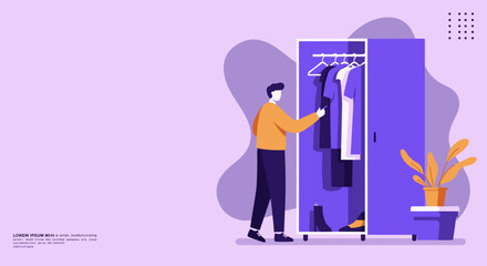 Person choosing clothes from an open closet. Concept of daily dressing routine, personal style, and home organization. Suitable for fashion and lifestyle.