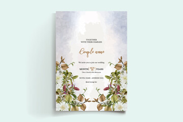 WEDDING INVITATION FRAME WITH FLOWER DECORATIONS AND FRESH LEAVES
