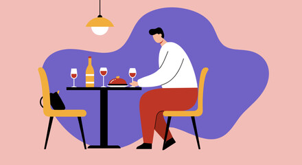 Man seated at a restaurant table with wine and an empty chair, hinting at loneliness, a failed date, or a quiet solo meal.