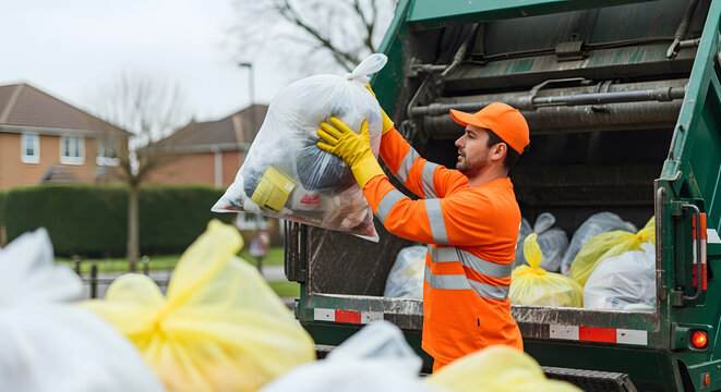 Garbage Collector Loading Trash Bags Into Truck for Waste Removal and Recycling