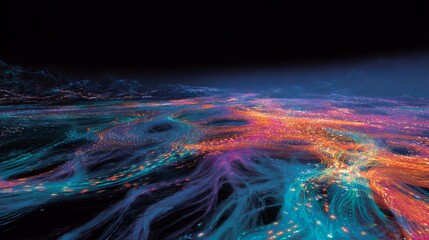 Vibrant abstract flow of digital data streams across a dark, futuristic landscape with glowing particles