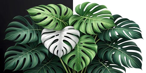 Monstera deliciosa leaves with split leaf pattern on black and white background. 
