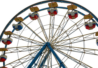 Colorful ferris wheel with gondolas against clear sky, amusement park ride isolated on transparent background