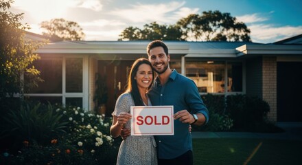 Happy couple holds "SOLD" sign in front of new home (1)