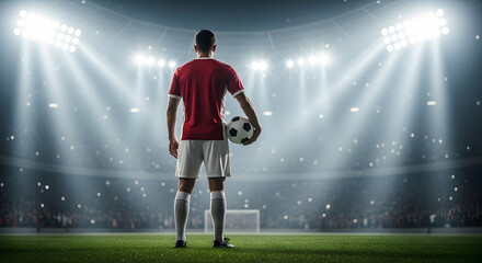 Triumph on the Pitch Soccer Player's Determination Under Stadium Lights - Stock Photo