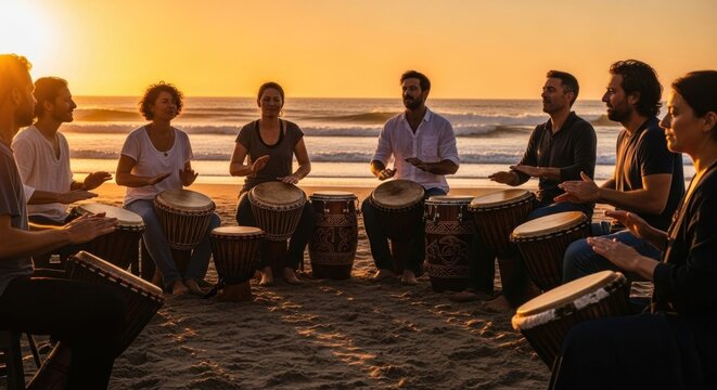 Group drumming on beach at sunset