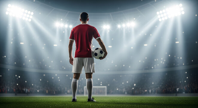 Triumph on the Pitch Soccer Player's Determination Under Stadium Lights - Stock Photo