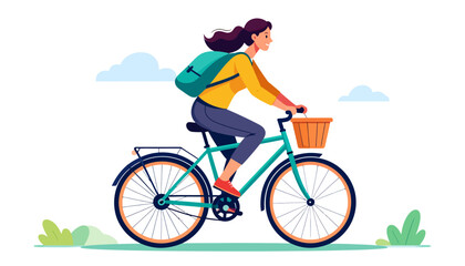 Fototapeta premium A young woman embracing the concept of eco-friendly urban mobility, cycling freely with a backpack and basket, promoting a healthy and active lifestyle.