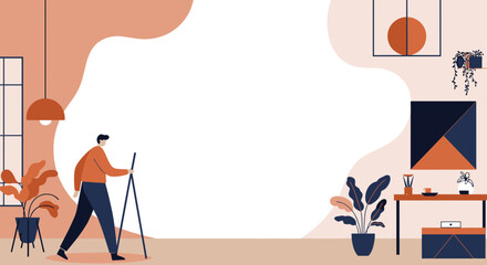 Modern home interior with a person creating, offering ample copy space. Ideal for creative projects, lifestyle, or business concepts like remote work.