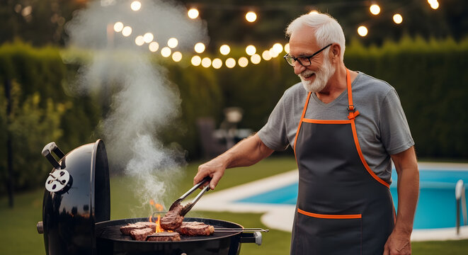 Senior Man Grilling Meat Outdoors Near Pool at Backyard Party with String Lights - Powered by Adobe