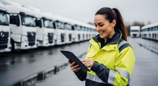 Truck Fleet Manager Streamlining Logistics with a Tablet in a Modern Transportation Hub