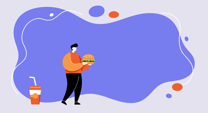 Person holds a tasty hamburger with a soda cup nearby, set against a modern abstract background. Ideal for fast food, meal delivery, and dining promotions.