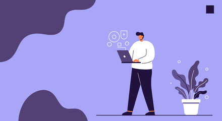 Man working on laptop with digital elements on a purple background. Represents online business, remote work, and technology concept.