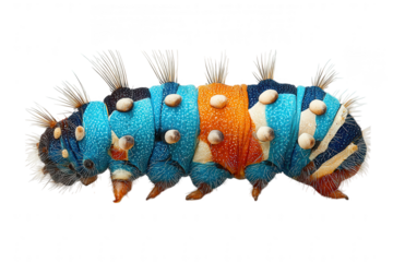 Vibrant blue and orange caterpillar with spiky hair isolated on transparent background