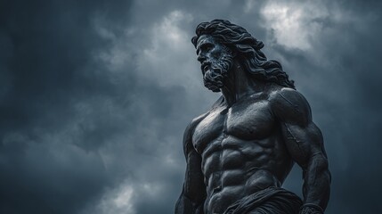 Statue of a Muscular Figure: A powerful sculpture against a stormy sky, symbolizing strength, wisdom, and enduring legacy.