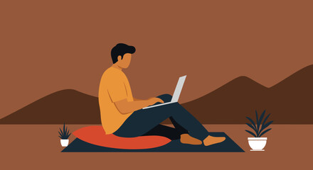 Person working remotely on a laptop in a calm, earthy outdoor setting, embodying flexible work, digital connectivity, and modern lifestyle.