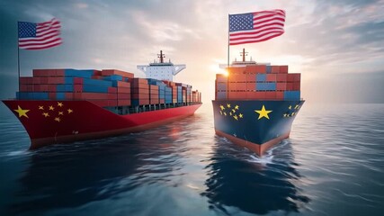 US-China Trade War: Container Ships Clash in Open Sea, Flags Waving, Economic Tension - Powered by Adobe