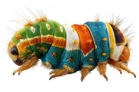 Vibrant multi colored caterpillar with spiky appendages isolated on transparent background