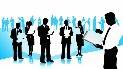 Silhouette of business professionals reviewing documents in a corporate environment setting with light blue accents